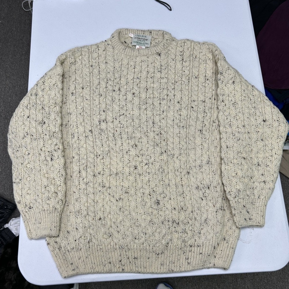 Cladknit Sweater Mens XL Cream Wool Cable Knit Irish Fisherman Flecked Crewneck